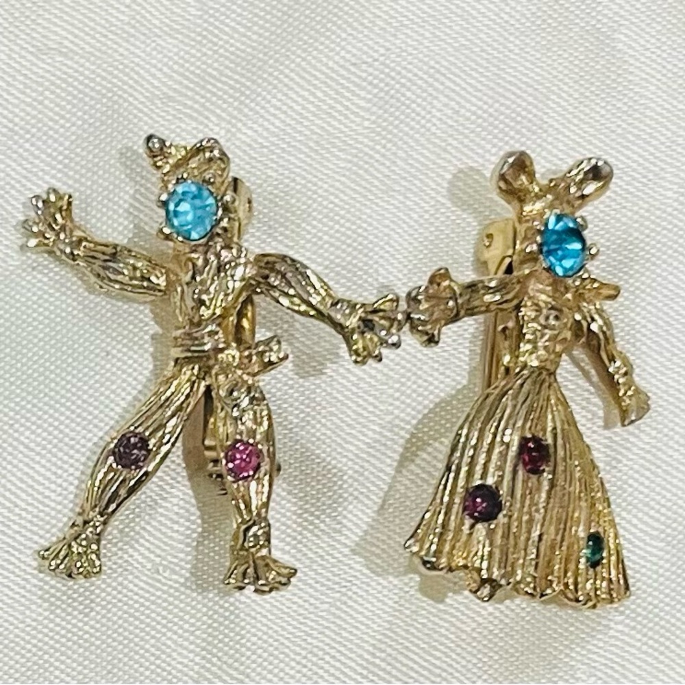Gold Tone Dancing Couple Brooch with Blue and Red Accents